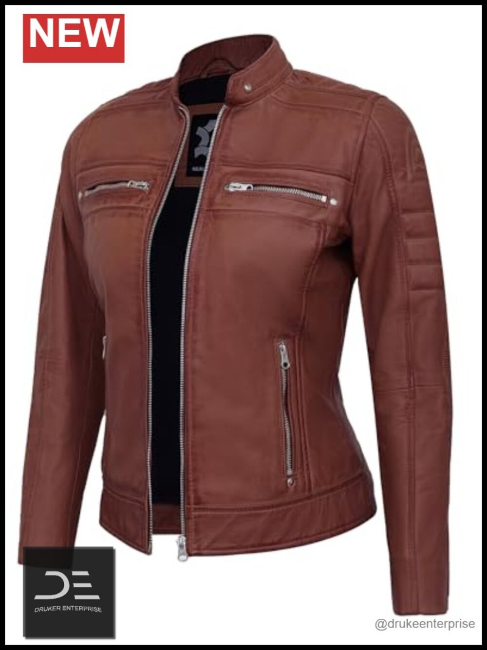 Real Lambskin Leather Jacket Women Cafe Racer Quilted Moto Zip Front